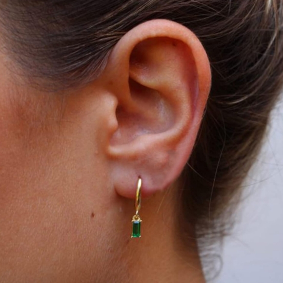 Emerald Crystal Rectangle Rhinestone Hoop Earrings Gold Mini Hoops CZ New - Picture 3 of 10